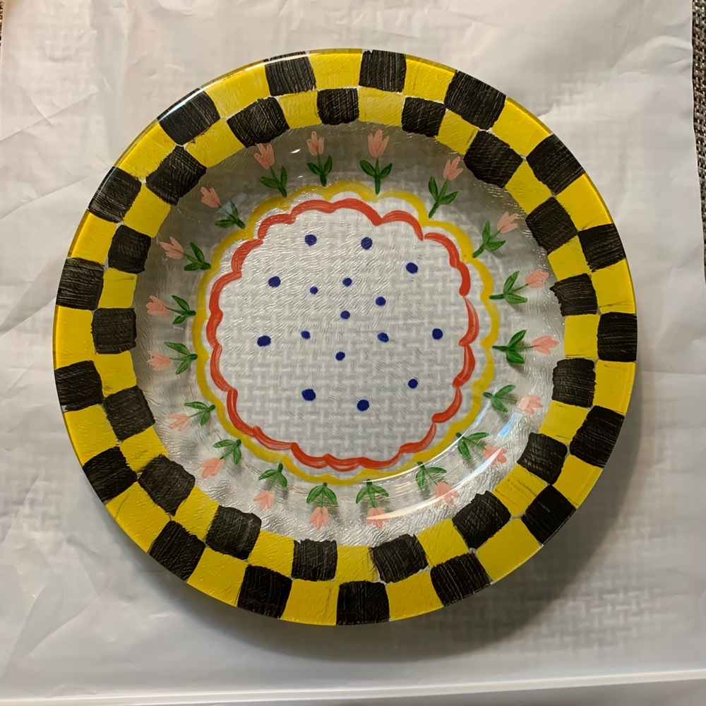 Mackenzie Childs vintage Tulip Check glass plate shallow bowl reverse painted